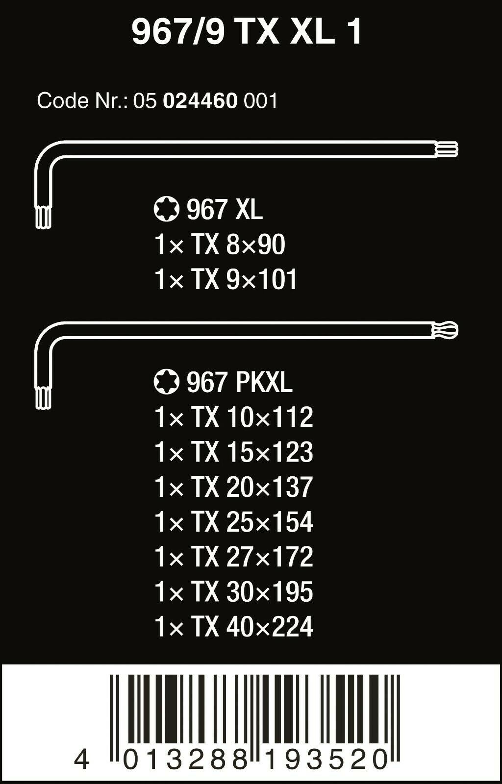 wera 967/9 tx xl 1 torx® l-key set 9 pieces 05024460001