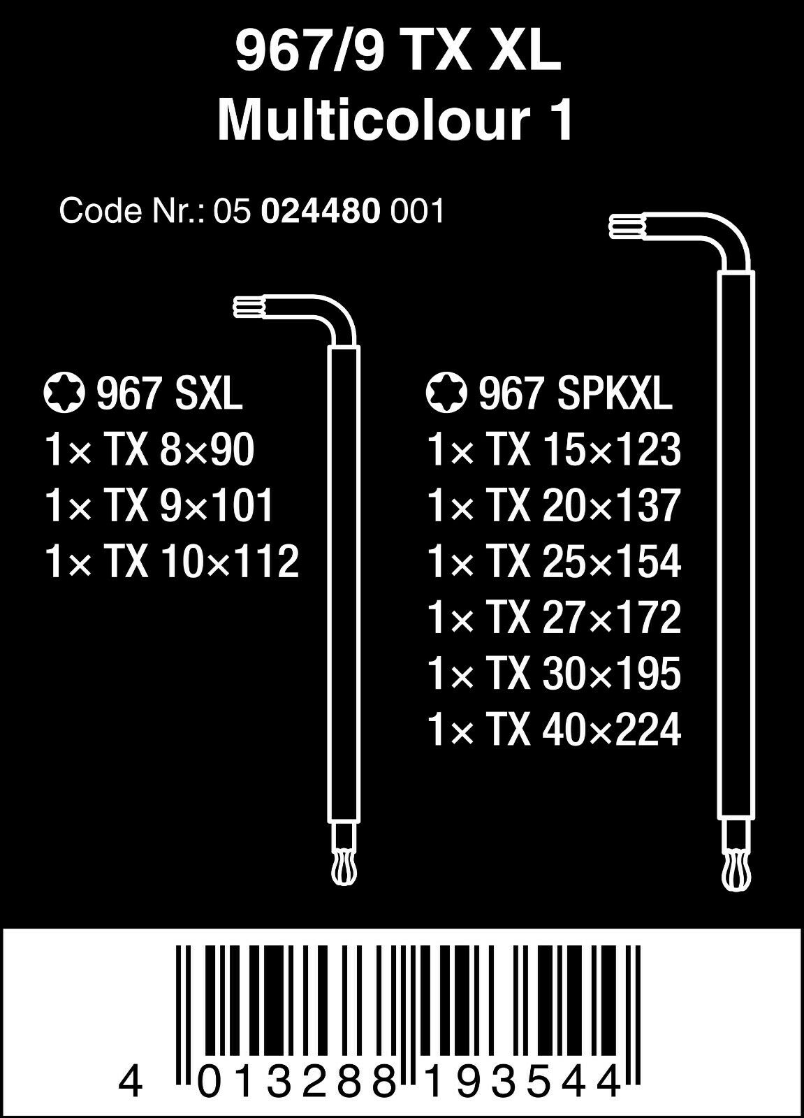 wera 967/9 tx xl multicolor torx® l-key set 05024480001