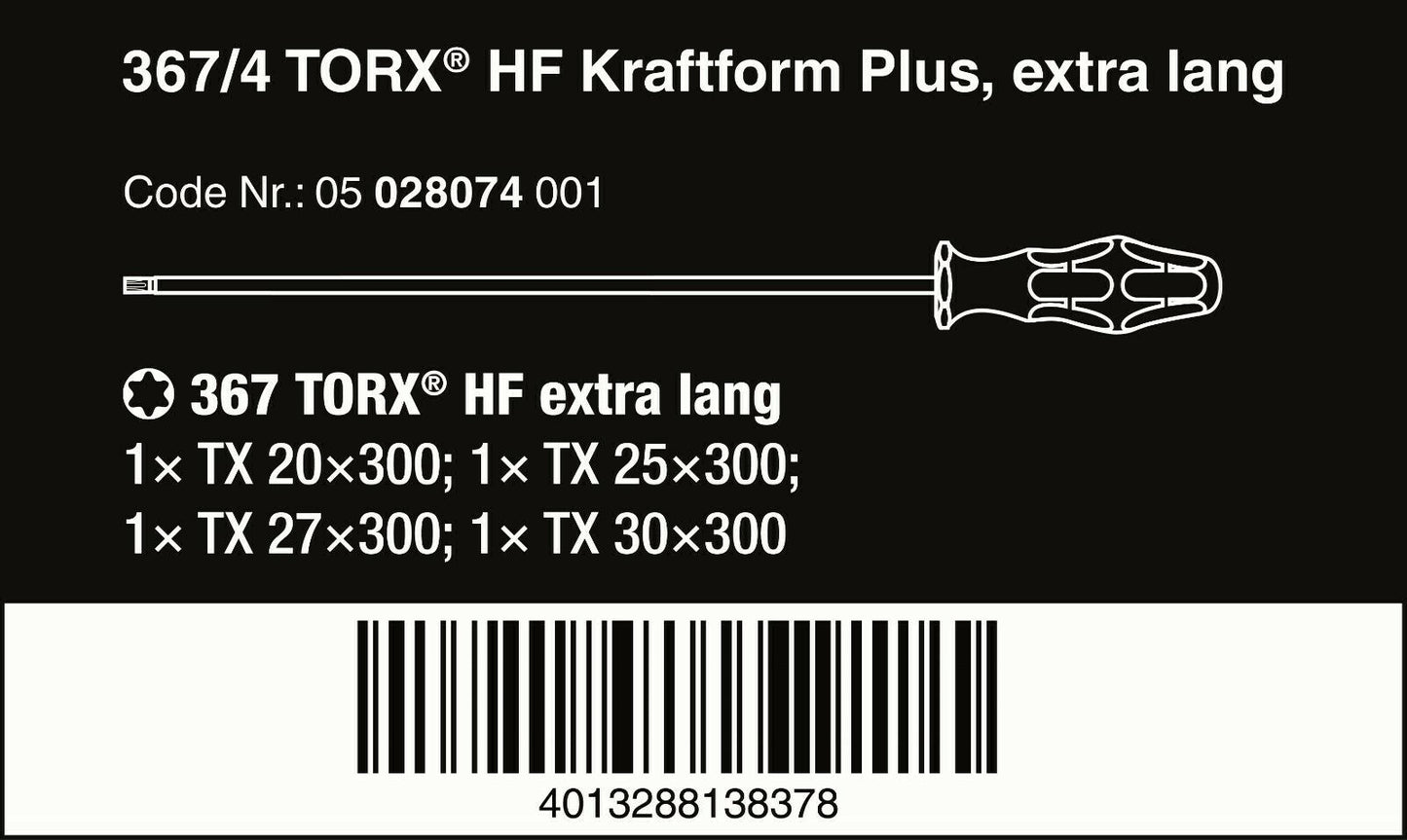 wera 367/4 kraftform plus torx® hf screwdriver set 300 mm 4 piece 05028074001