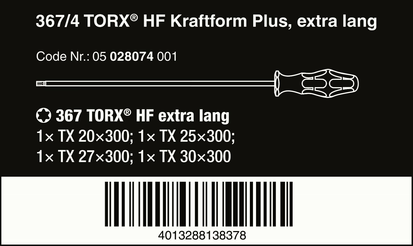 wera 367/4 kraftform plus torx® hf screwdriver set 300 mm 4 piece 05028074001