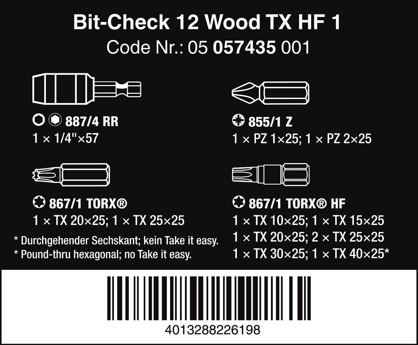 Wera Bit Check 12 Wood TX HF 1 Bits Set 12 Pieces 05057435001