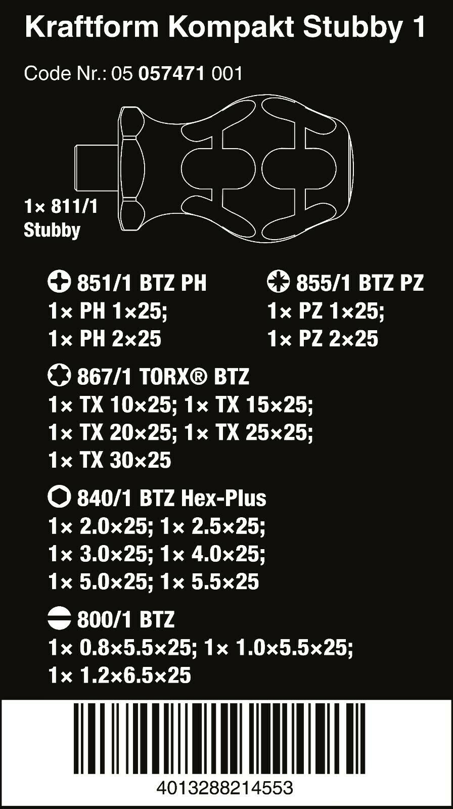 wera kraftform kompakt stubby 1 screwdriver set 19 piece 05057471001