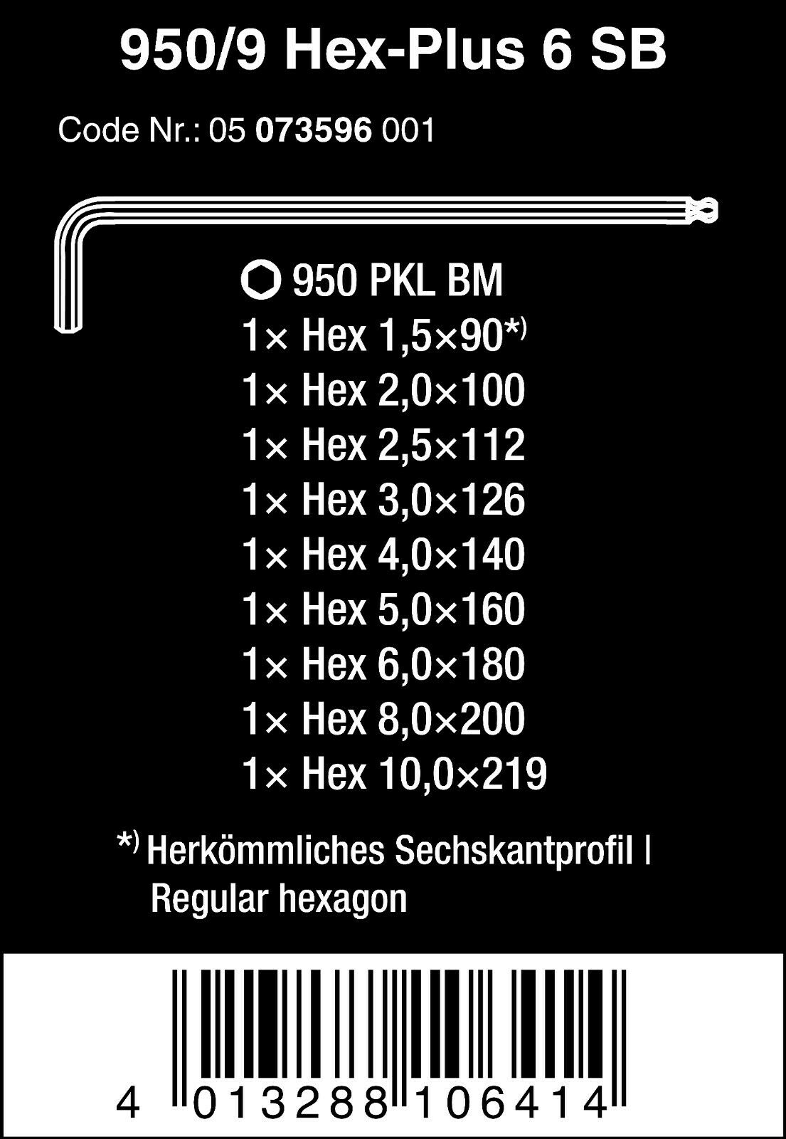 wera 950/9 hex-plus 6 sb l-key set metric 9 pieces 05073596001