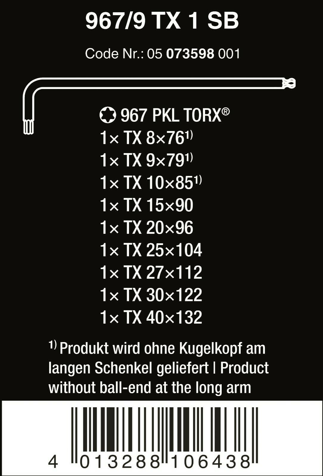 wera 967/9 tx 1 sb torx® l-key set with ball end 9 pieces 05073598001