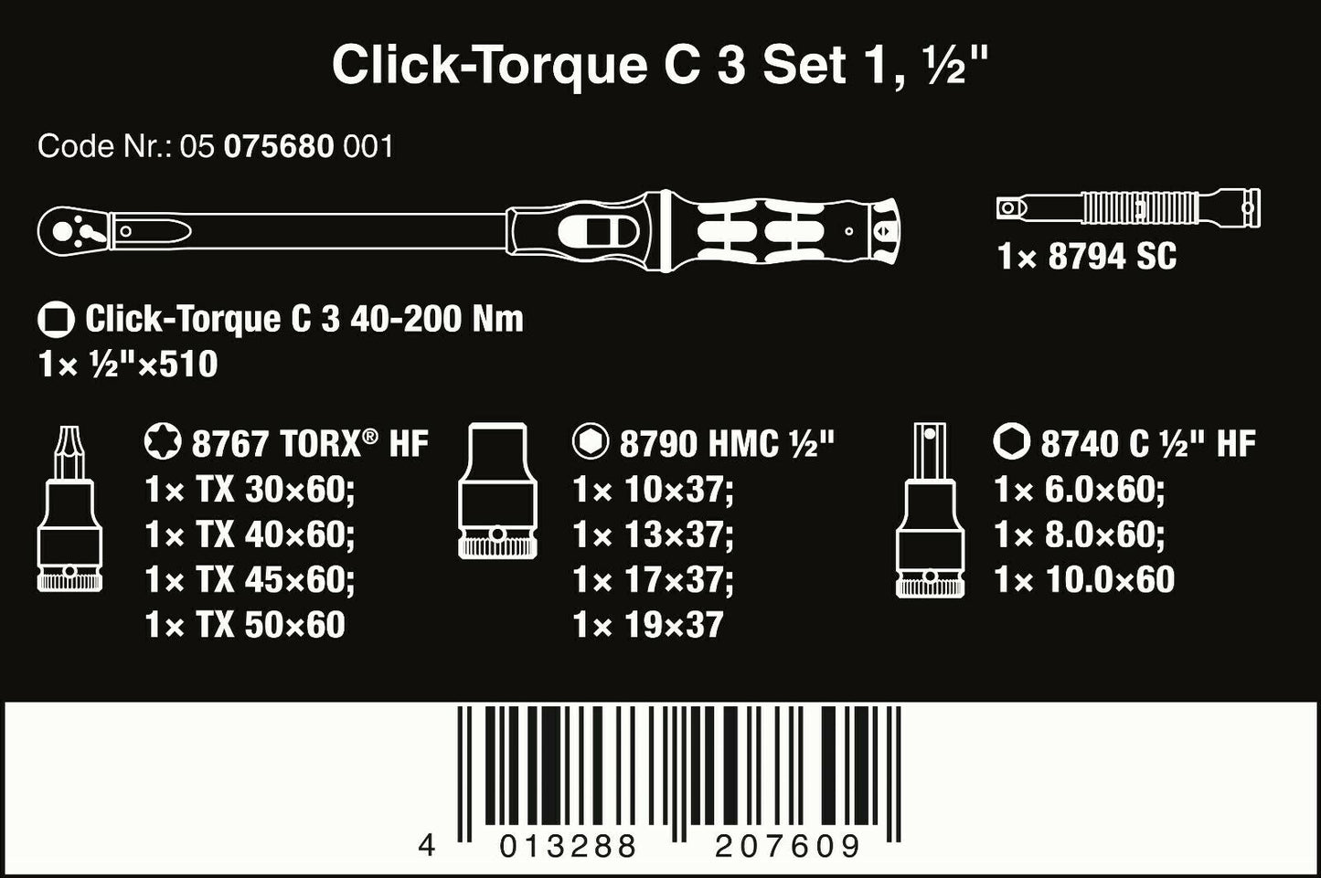 wera c3 click-torque wrench set 40 - 200 nm 1/2" drive 13 pieces 05075680001