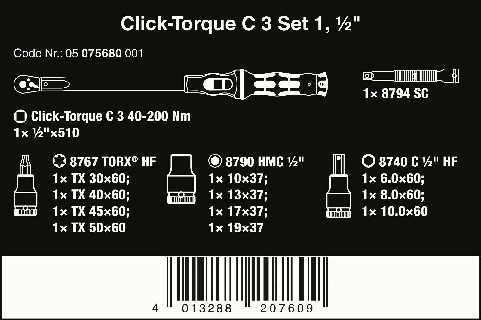 wera c3 click-torque wrench set 40 - 200 nm 1/2" drive 13 pieces 05075680001