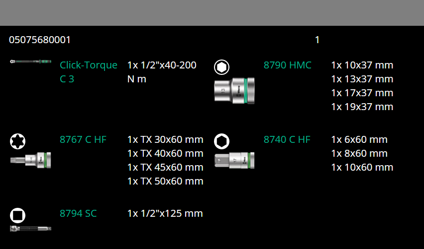wera c3 click-torque wrench set 40 - 200 nm 1/2" drive 13 pieces 05075680001