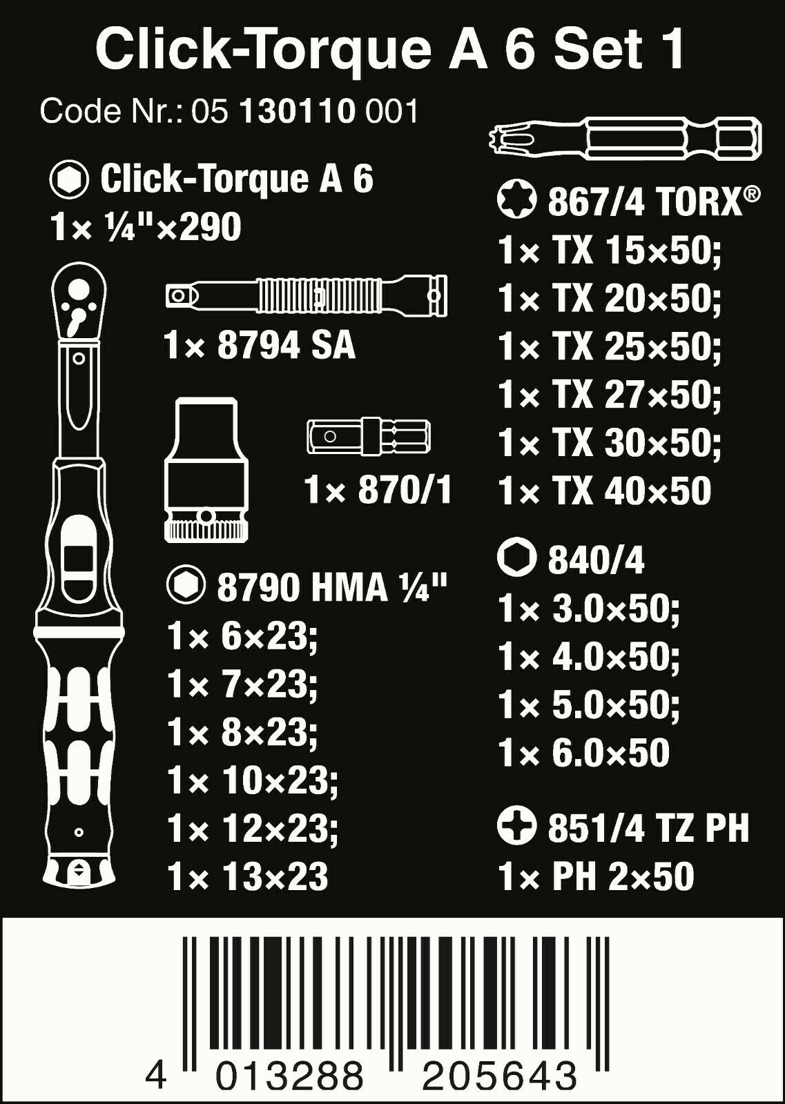 wera a6 click-torque wrench set 2.5 to 25 nm 1/4" drive 20 pieces 05130110001