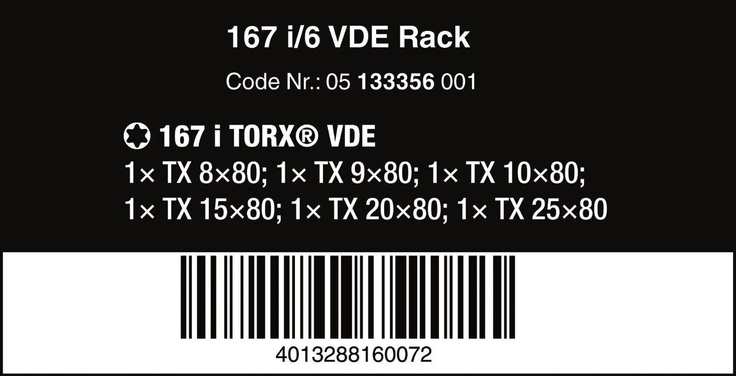 Wera 167 i/6 Kraftform VDE Insulated TORX® Screwdriver Set 6 Pieces 05133356001