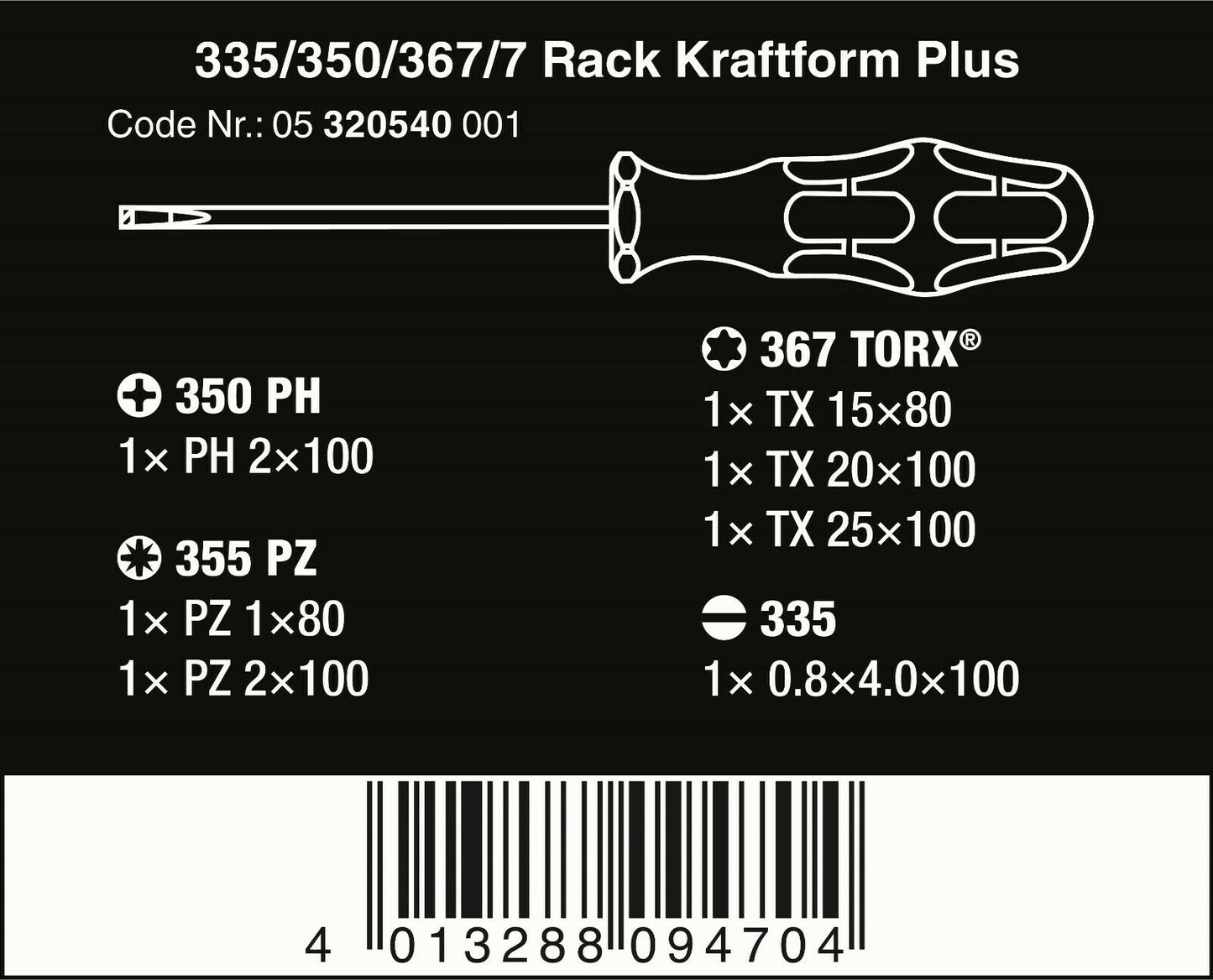 wera 335/350/367/7 kraftform plus lasertip screwdriver set 7 piece 05320540001