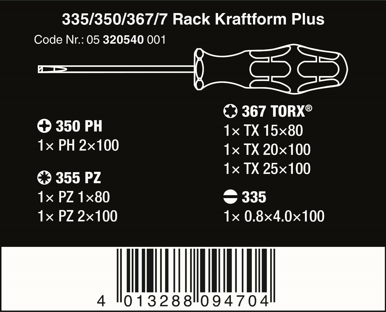 wera 335/350/367/7 kraftform plus lasertip screwdriver set 7 piece 05320540001