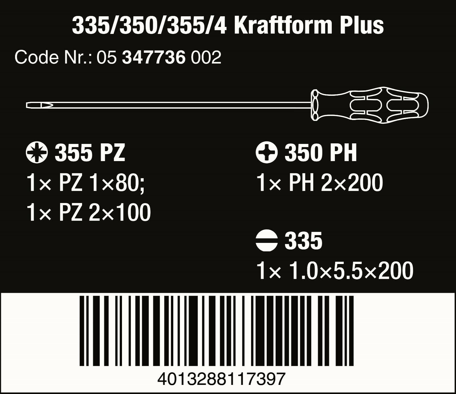 wera 335/350/355/4 kraftform plus screwdriver set 200 mm long 05347736002