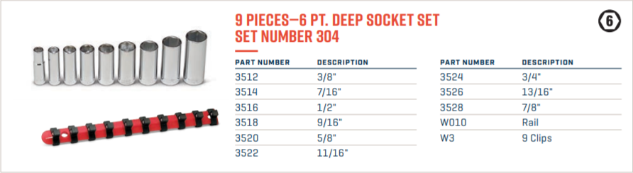 wright tool 6 point deep socket set 9 piece 3/8" drive sae 304