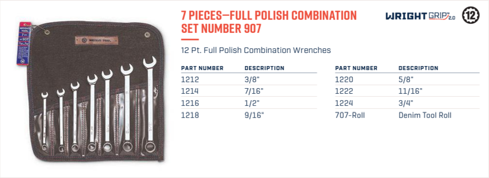 Wright Tool WRIGHTGRIP® 2.0 12 Point Combination Wrench Set 7 Piece SAE 907