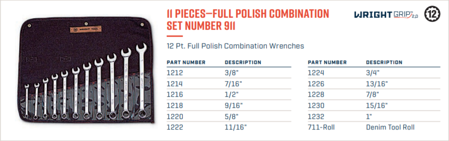 wright tool wrightgrip® 2.0 12 point combination wrench set 11 piece sae 911