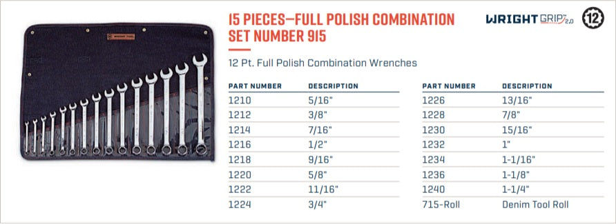 wright tool wrightgrip® 2.0 12 point combination wrench set 15 piece sae 915