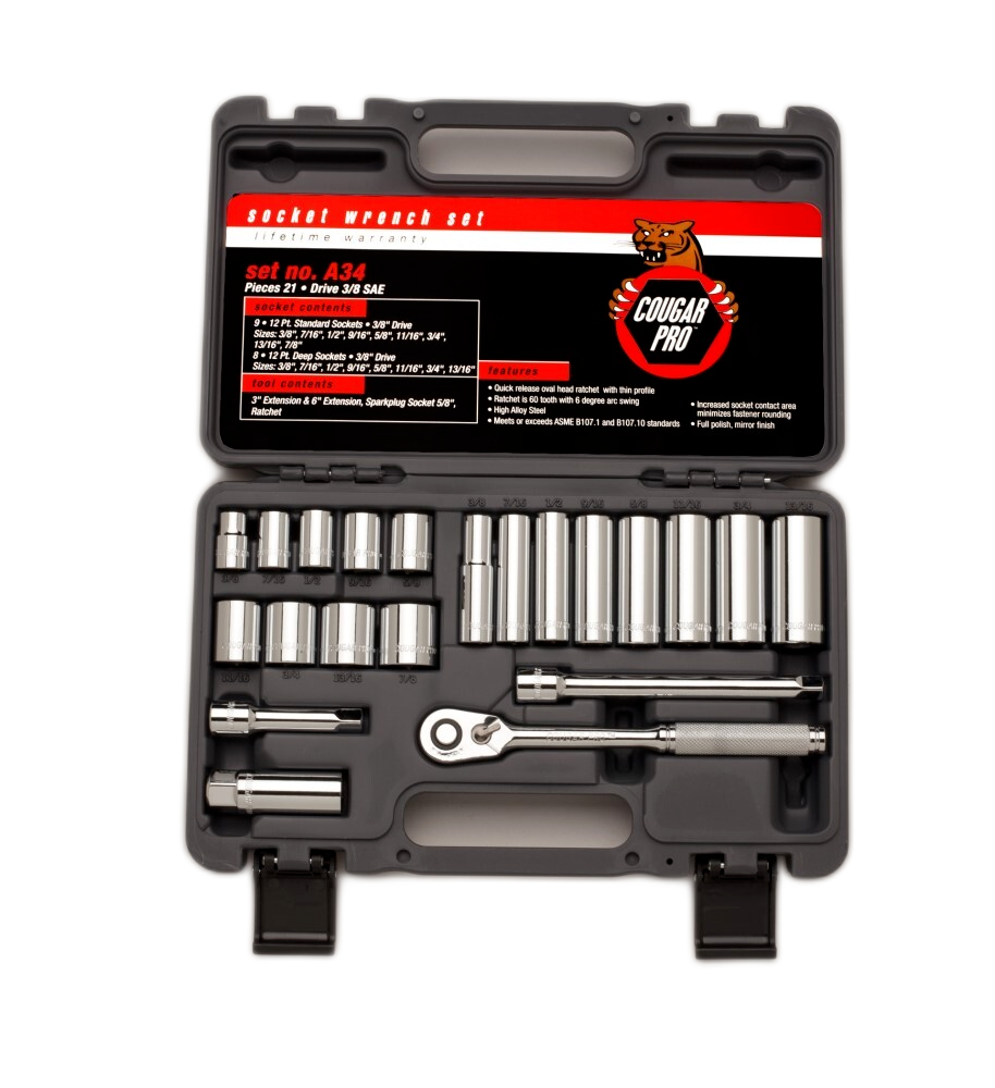 Cougar Pro Socket Wrench Set 3/8" Drive SAE 21 Pieces A34