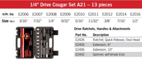Cougar Pro Socket Wrench Set 1/4" Drive SAE 13 Pieces A21 - Mr. Tools