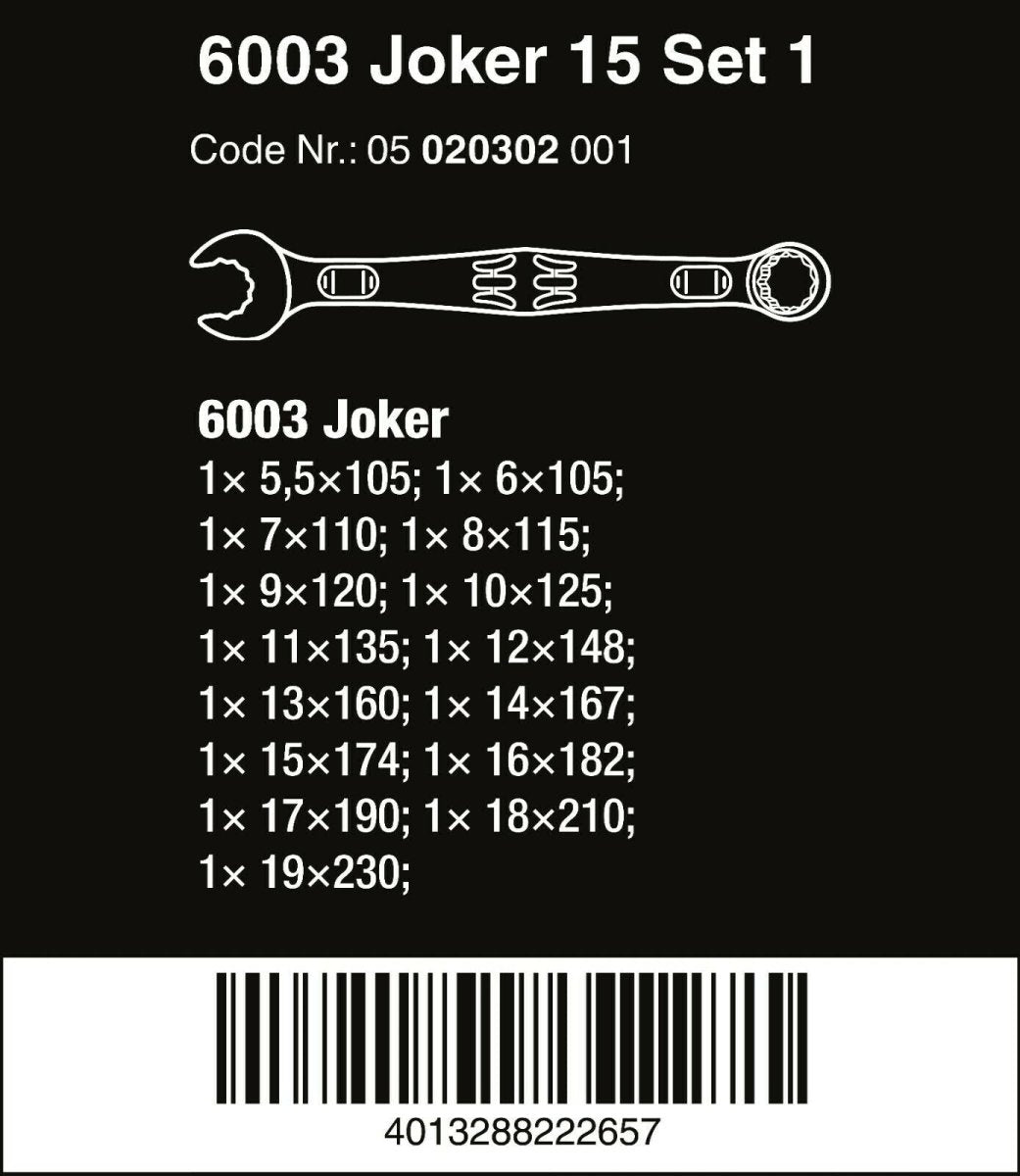 Wera 6003 Joker Combination Wrench Set 15 Piece Metric 05020302001 - Mr. Tools