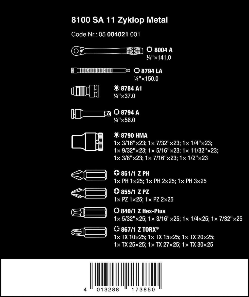 Wera 8100 SA 11 Zyklop Metal Switch Socket Wrench Set 1/4" Drive SAE 05004021001 - Mr. Tools