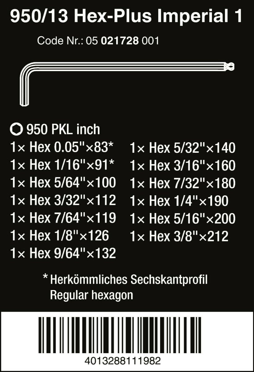 Wera 950/13 Hex - Plus 1 L - Key Set SAE 13 Piece 05021728001 - Mr. Tools