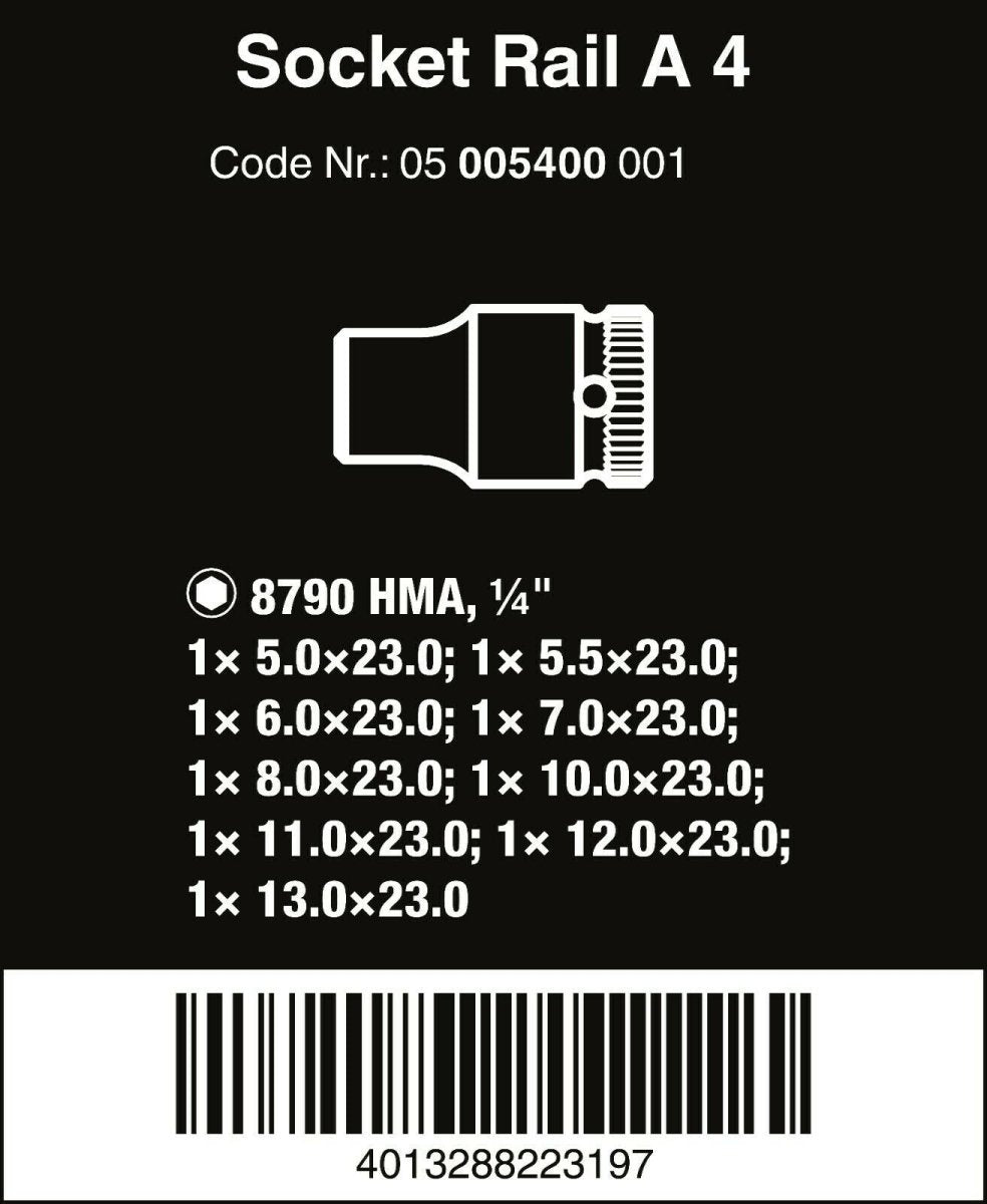 Wera A 4 Zyklop Magnetic Socket Rail Set 1/4" Drive 9 Pieces Metric 05005400001 - Mr. Tools