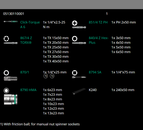 Wera A6 Click - Torque Wrench Set 2.5 to 25 Nm 1/4" Drive 20 Pieces 05130110001 - Mr. Tools