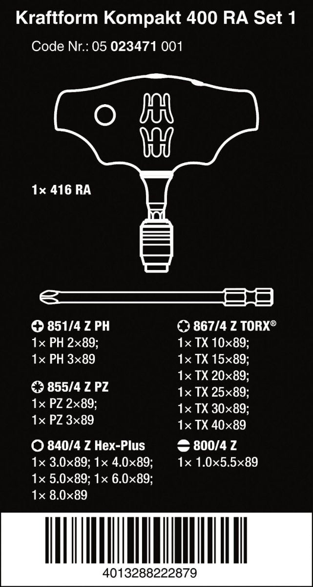 Wera Kraftform Kompakt 400 RA Set 1 Ratcheting T - Handle Set Metric 05023471001 - Mr. Tools