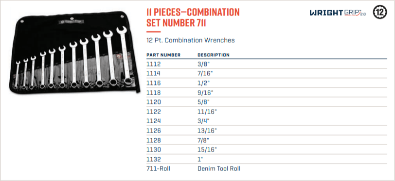 Wright Tool WRIGHTGRIP® 2.0 12 Point Combination Wrench Set 11 Piece SAE 711 - Mr. Tools