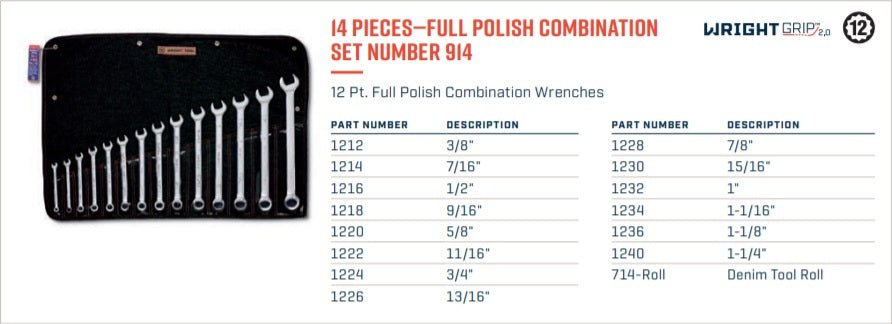 Wright Tool WRIGHTGRIP® 2.0 12 Point Combination Wrench Set 14 Piece SAE 914 - Mr. Tools