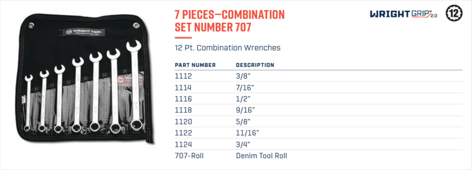 Wright Tool WRIGHTGRIP® 2.0 12 Point Combination Wrench Set 7 Piece SAE 707 - Mr. Tools