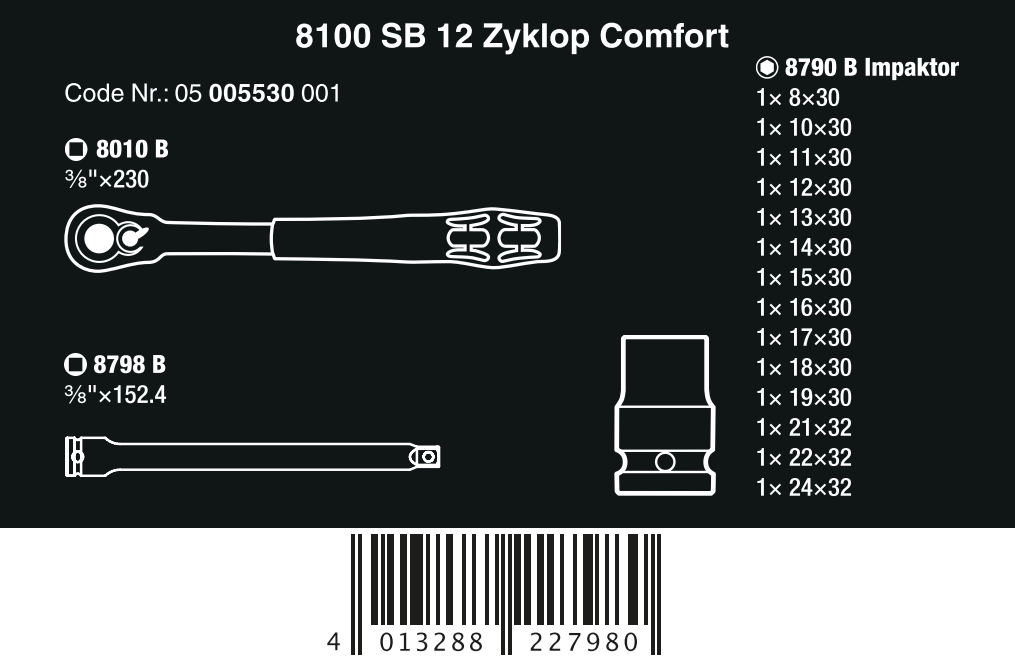 Wera 8100 SB 12 Zyklop Comfort Ratchet Set 3/8" Drive Metric 05005530001