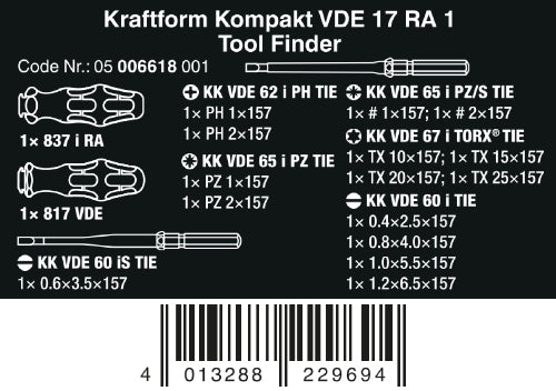 Wera Kraftform Kompakt VDE 17 RA 1 Ratcheting Screwdriver Set Metric 05006618001