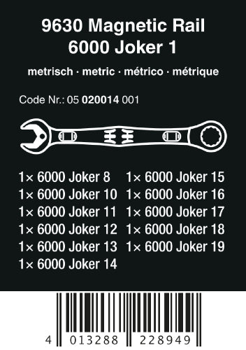 Wera 9630 Magnetic Rail 6000 Joker 1 Ratcheting Wrench Set Metric 05020014001