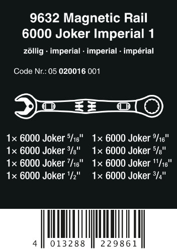 Wera 9632 Magnetic Rail 6000 Joker 1 Ring Ratcheting Wrench Set SAE 05020016001