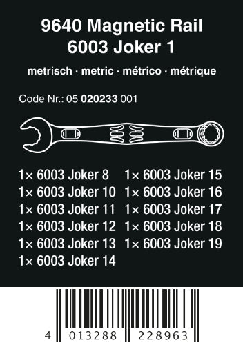 Wera 9640 Magnetic Rail 6003 Joker 1  Combination Wrench Set Metric 05020233001