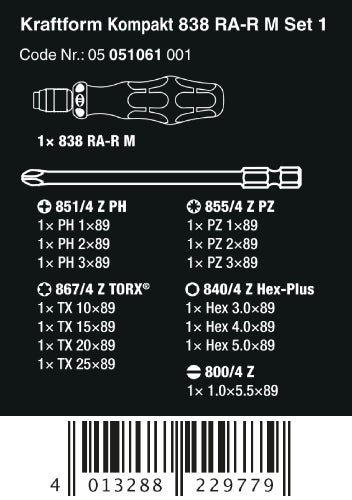 Wera Kraftform Kompakt 838 RA-R M Ratcheting Screwdriver Set 1 Metric 05051061001