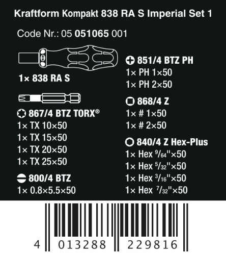 Wera Kraftform Kompakt 838 RA S Ratcheting Screwdriver Set 1 SAE 05051065001