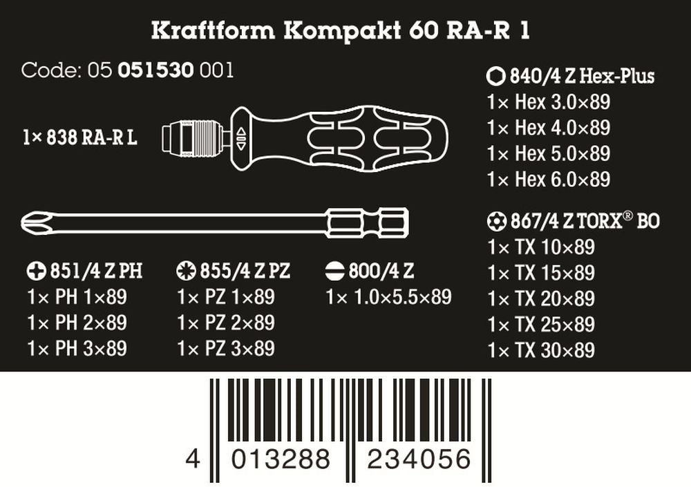 Wera Kraftform Kompakt 60 RA-R 1 Ratcheting Screwdriver Set Metric 05051530001