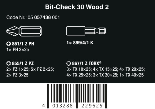 Wera Bit-Check 30 Wood 2 SB Screwdriver Bit Set 05057438001