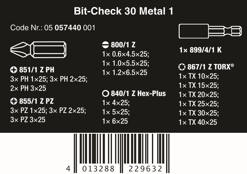 Wera Bit-Check 30 Metal 1 SB Screwdriver Bit Set 05057440001