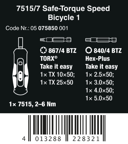 Wera 7515/7 Kraftform Safe-Torque Speed Bicycle Screwdriver Set 1 05075850001