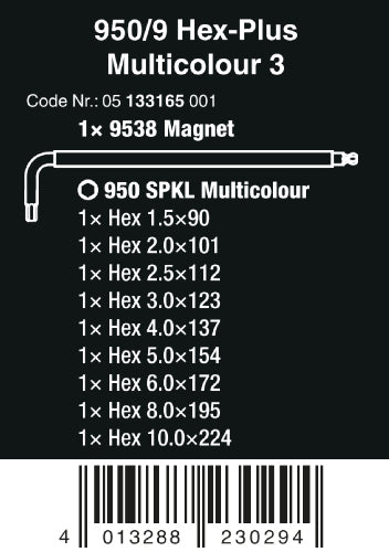 Wera 950/9 Hex-Plus Multicolor 3 L-Key Set Metric 05133165001
