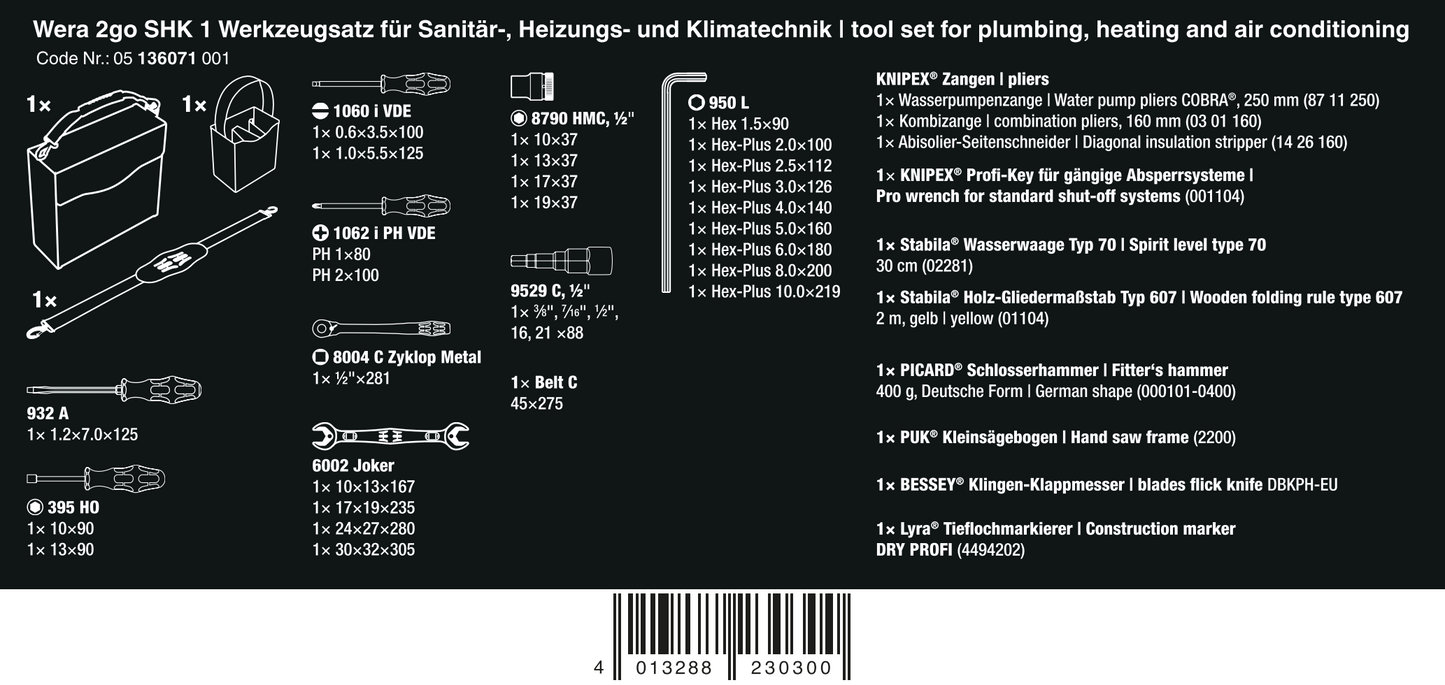 Wera 2go SHK 1 Plumbing Heating and Air Conditioning Tool Set 05136071001