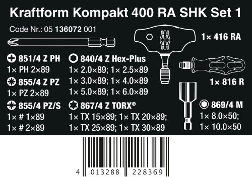 Wera Kraftform Kompakt 400 RA SHK Set 1 HVAC Ratcheting T-Handle Set Metric 05136072001