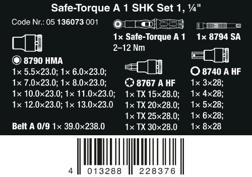 Wera Safe Torque A 1 SHK Wrench Set 1 2-12 Nm 1/4" Drive Metric 05136073001