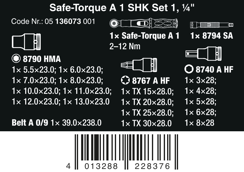 Wera Safe Torque A 1 SHK Wrench Set 1 2-12 Nm 1/4" Drive Metric 05136073001