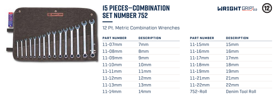 Wright Tool WRIGHTGRIP® 2.0 12 Point Combination Wrench Set 15 Piece Metric 752