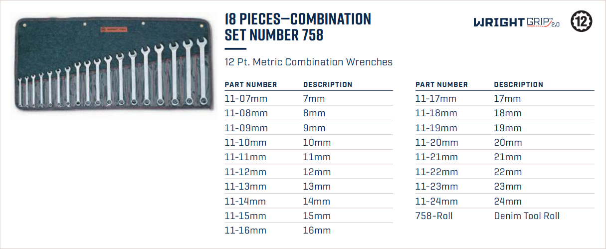 Wright Tool WRIGHTGRIP® 2.0 12 Point Combination Wrench Set 18 Pieces Metric 758