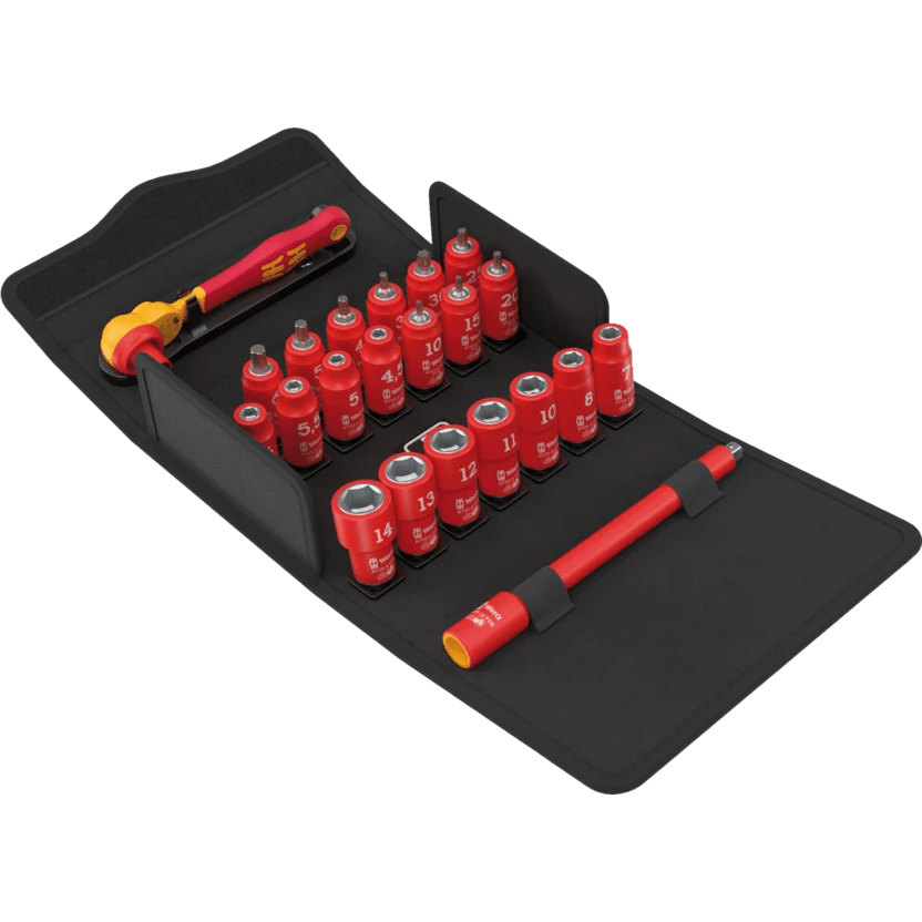 Wera 8100 SA VDE 1 Zyklop Insulated 1/4" Ratchet Set (05004967001) displayed in its open 22-piece textile storage box.